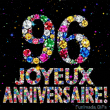 Image animée affichant le chiffre 96 et Joyeux Anniversaire en cristaux multicolores scintillants, entourés de petites lumières sur fond sombre.