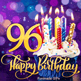 The digit 96 in gold beside a blue-wrapped cupcake with burning colorful candles. Golden Happy Birthday lettering on a blurry purple bokeh backdrop.