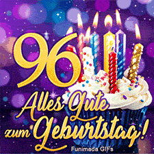 Törtchen mit Kerzenlicht neben der goldenen 96. 'Alles Gute zum Geburtstag!' ist in goldener Kursivschrift auf einem lila Bokeh-Hintergrund zu lesen.