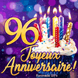 Image animée 96 ans présentant le nombre 96 en or, un petit gâteau gourmand et des bougies colorées scintillantes.