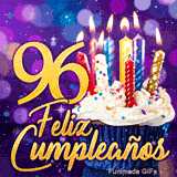 Imagen animada 96 años presentando el número 96 en oro, un dulce pastelito y velas coloridas relucientes.