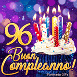 Immagine animata 96 anni presentante il numero 96 in oro, un dolce tortino e candeline colorate risplendenti.