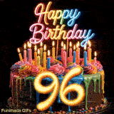 Spinning birthday cake GIF with rainbow frosting swirls, bright candles, and large glowing golden number 96.