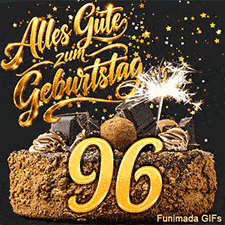 Vor schwarzer Kulisse präsentiert sich der Kuchen mit der 96. Die brennende Wunderkerze und das goldene Sternenkonfetti sorgen für Glanz.
