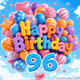 Drifting against white clouds and blue sky, this bunch of balloons features 3D Happy Birthday lettering and a blue digit 96 at the base.