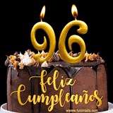 GIF de un pastel de chocolate con decoración de crema, velas doradas con el número 96 encendido, y un fondo negro elegante y cálido.