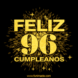 GIF animado con un diseño dorado, mostrando el número 96 rodeado de fuegos artificiales y luces que resaltan una atmósfera festiva y vibrante.