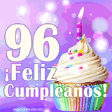 Animación de un cupcake con cobertura blanca, confites de colores, una vela encendida y el número 96 en grande sobre un fondo púrpura con luces brillantes.