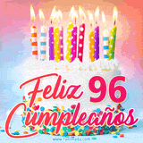 GIF animado con un pastel blanco decorado con confites y velas de colores encendidas, acompañado de la frase 'Feliz 96 cumpleaños' sobre un fondo alegre.