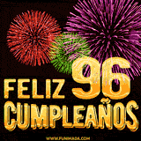 GIF animado con el número 96 en dorado, rodeado de fuegos artificiales rojos, verdes y morados, con el mensaje 'Feliz cumpleaños' en letras doradas.