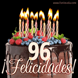 Animación de un pastel de chocolate decorado con frutas, velas encendidas y el número 96, acompañado de la palabra '¡Felicidades!' en elegante tipografía.