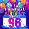 96th Birthday Cake gif: colorful candles, balloons, confetti and number 96