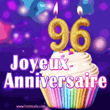 GIF animé joyeux anniversaire pour 96 ans avec un cupcake coloré, des bougies dorées en forme de 96 et un fond violet scintillant.