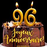 GIF animé pour un 96e anniversaire avec une élégante gâteau au chocolat, des bougies dorées formant le chiffre 96 et le texte 'Joyeux Anniversaire!' en écriture dorée.