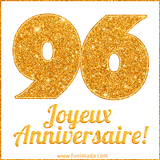 GIF animé joyeux anniversaire pour 96 ans avec un chiffre 96 brillant en or et le texte 'Joyeux Anniversaire!' en écriture élégante sur un fond blanc.