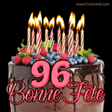 GIF animé pour un 96e anniversaire avec un somptueux gâteau au chocolat décoré de baies fraîches, des bougies allumées et le texte '96 Bonne Fête!' en rouge.