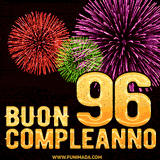 Animazione di fuochi d'artificio colorati con il numero 96 in oro brillante e la scritta 'Buon Compleanno' su uno sfondo nero festivo ed elegante.
