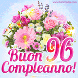 Bouquet animato con rose rosa, margherite e altri fiori colorati, con il numero 96 e la scritta 'Buon Compleanno!' in stile elegante e luminoso.