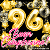 Animazione con palloncini dorati a forma del numero 96, circondati da decorazioni scintillanti e la scritta 'Buon Compleanno!' in caratteri rosa accattivanti.