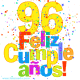 GIF festivo lleno de confeti de colores, el número 96 grande en amarillo y la frase 'Feliz cumpleaños' en letras multicolores y brillantes.