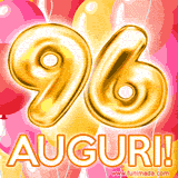 Bouquet animato di palloncini multicolori che emergono da una scatola regalo, con il numero 96 e la scritta 'Tanti Auguri!' su uno sfondo pieno di coriandoli.