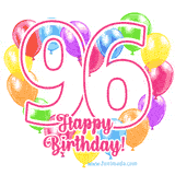 An animated birthday greeting card with a large '96' in pink outline surrounded by colorful balloons heart-shaped frame, and 'Happy Birthday!' written below in hand-written font.