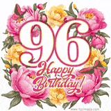 A celebratory GIF image features the animated number '96' and the words 'Happy Birthday!' surrounded by pink and yellow flowers. Two moving butterflies are included in this festive design.