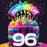 Chocolate cake with cyan layers, pink dressing and a big number 96 adorned with vibrant multicolored frosting, lit candles, and a rainbow topper with text that says 'Happy Birthday'. Animated colorful confetti move behind the cake.