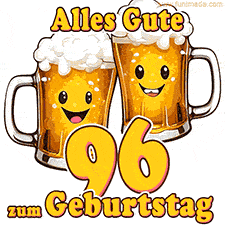 Zwei lustige Bierkrüge mit fröhlichen Gesichtern hüpfen auf und ab. Der Text lautet 'Alles Gute zum 96. Geburtstag'.