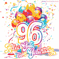 Animiertes Konfetti, mehrfarbige Luftballons und eine Geschenkbox in einem fröhlichen GIF zum 96. Geburtstag