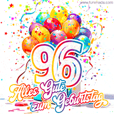 Ein lebendiges Geburtstags-GIF mit bunten Ballons, animiertem Konfetti, der Zahl 96 und den Worten 'Alles Gute zum Geburtstag' in dekorativer Schriftart.
