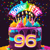 GIF animé pour un 96e anniversaire avec un gâteau au chocolat recouvert de glaçage arc-en-ciel, des bougies allumées, et le texte 'Bonne Fête' sur un fond étoilé et festif.