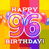 A birthday cake with lit candles is shown with colorful balloons and animated confetti.
