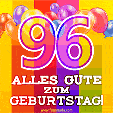 Große Zahl 35 in Umrissschrift, die Worte 'Alles Gute zum 96. Geburtstag', mehrfarbige animierte Ballons und lebendiger Hintergrund.