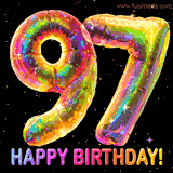 Shiny number 97 birthday celebration balloons with an iridescent glow and glitter on a black background with twinkling stars.