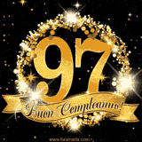 Il numero 97 è circondato da un anello dorato brillante, accompagnato da un nastro elegante con la scritta 'Buon Compleanno!' su uno sfondo scuro.