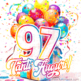 Animazione con palloncini colorati e scintillanti, accompagnata dal numero 97 in caratteri grandi e luminosi, e la scritta 'Tanti Auguri!' in stile vivace.