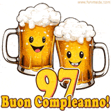 Due boccali di birra sorridenti animati, con il numero 97 e la scritta 'Buon Compleanno!' in caratteri allegri su uno sfondo bianco.