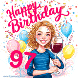 An animated birthday GIF featuring a smiling cartoon woman holding a glass of wine. Text reads 'Happy Birthday 97' surrounded by colorful balloons and confetti.
