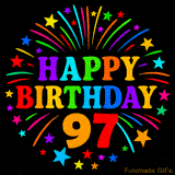 A birthday cake with lit candles is shown with colorful balloons and animated confetti.