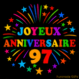 GIF animé 'Joyeux Anniversaire 97' avec des lettres colorées et des feux d'artifice éclatants
