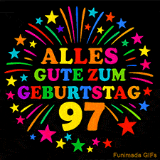 Animiertes GIF 'Alles Gute zum Geburtstag 97 mit bunten Buchstaben und leuchtenden Sternen