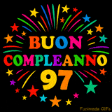 GIF animata 'Buon Compleanno 97' con lettere colorate e fuochi d'artificio