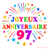 GIF animé joyeux anniversaire 97 ans avec étoiles multicolores et feu d’artifice