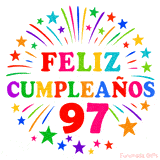 Imagen animada para felicitar los 97 años con letras de colores y diseño festivo.