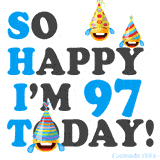 A fun birthday animation celebrating turning 97 with colorful party hats, smiling faces, and cheerful emojis.