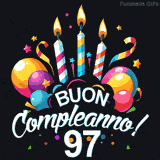 Augura buon compleanno ai 97 anni con questa GIF colorata e festosa: palloncini, stelle e candele per un augurio digitale indimenticabile