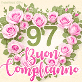 GIF per il 97° compleanno con un cuore di rose rosa e scritta elegante