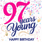 Colorful animated birthday GIF displaying the text '97 years Young' in bright pink and navy blue, with confetti falling and gold balloons floating.