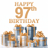 Festive animated eCard with elegant 'Happy 97th Birthday' text above a pile of luxurious blue, white, and gold gift boxes and presents.